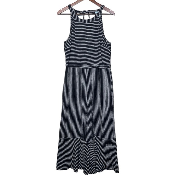 Skies Are Blue Tie Back Black White Striped Pinafore Flare Leg Cropped Jumpsuit - Picture 13 of 16